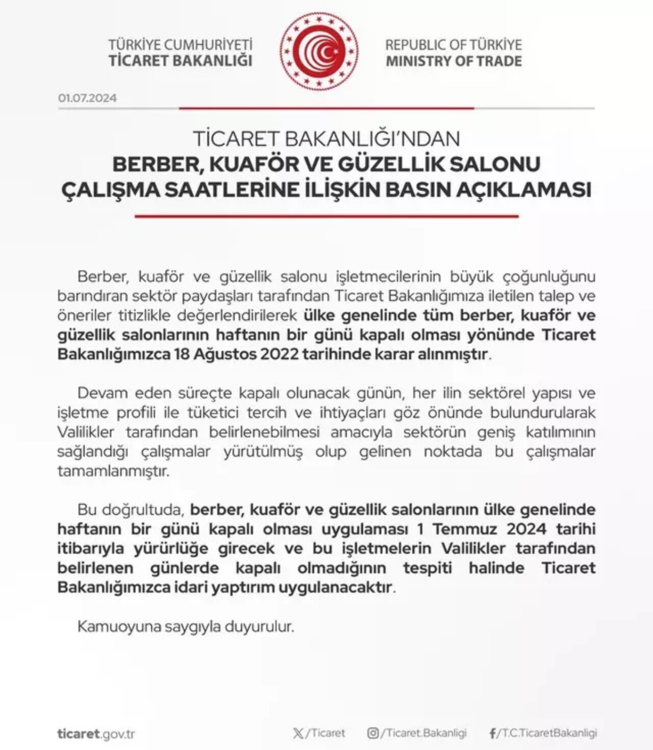 Bakanlıktan berber, kuaför ve güzellik salonu kararı