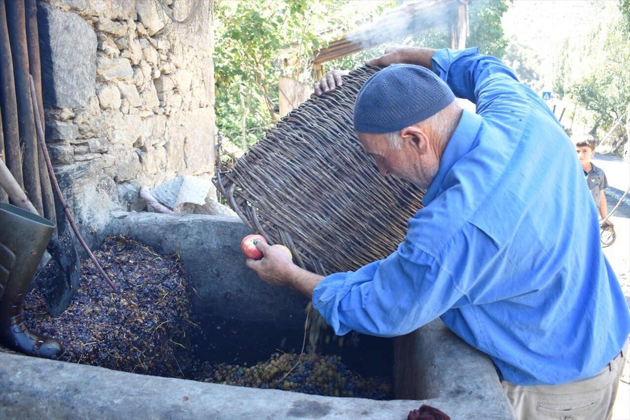 Bitlis'in Hizan ilçesinde köylüler, asırlardır geleneksel yöntemlerle üzüm pekmezi yapmayı...