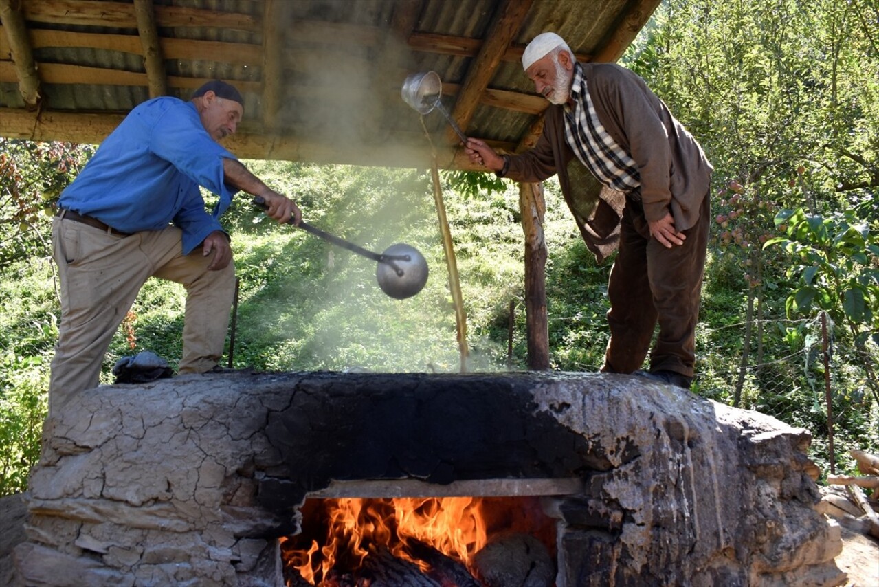 Bitlis'in Hizan ilçesinde köylüler, asırlardır geleneksel yöntemlerle üzüm pekmezi yapmayı...