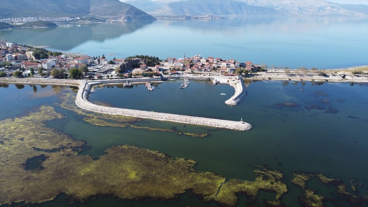 Eğirdir Gölü'nde özel tasarlanan tekne ve amfibi araçlarla yapılan ot ve yosun temizliğinin ay...