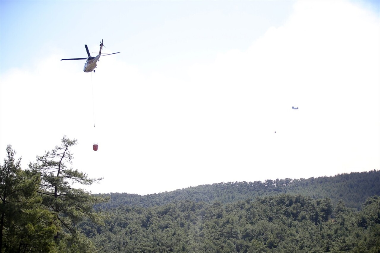 Muğla'nın Menteşe ilçelerindeki orman yangınına havadan ve karadan müdahale sürerken köylüler...